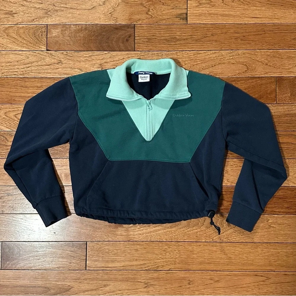 Outdoor Voices Cotton Terry 1/2 Zip Sweatshirt blue green Size Small - Picture 2 of 9